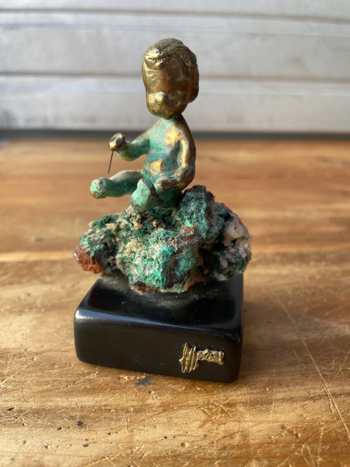 Vintage Malcolm Moran Bronze Sculpture Child Sitting On Geode Modernist 3.75&Prime;