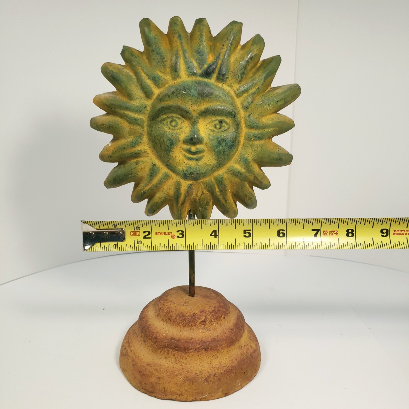 Cast Stoneware Art Sun Face and Base Folk Sculpture on Metal Post Indoor Outdoor