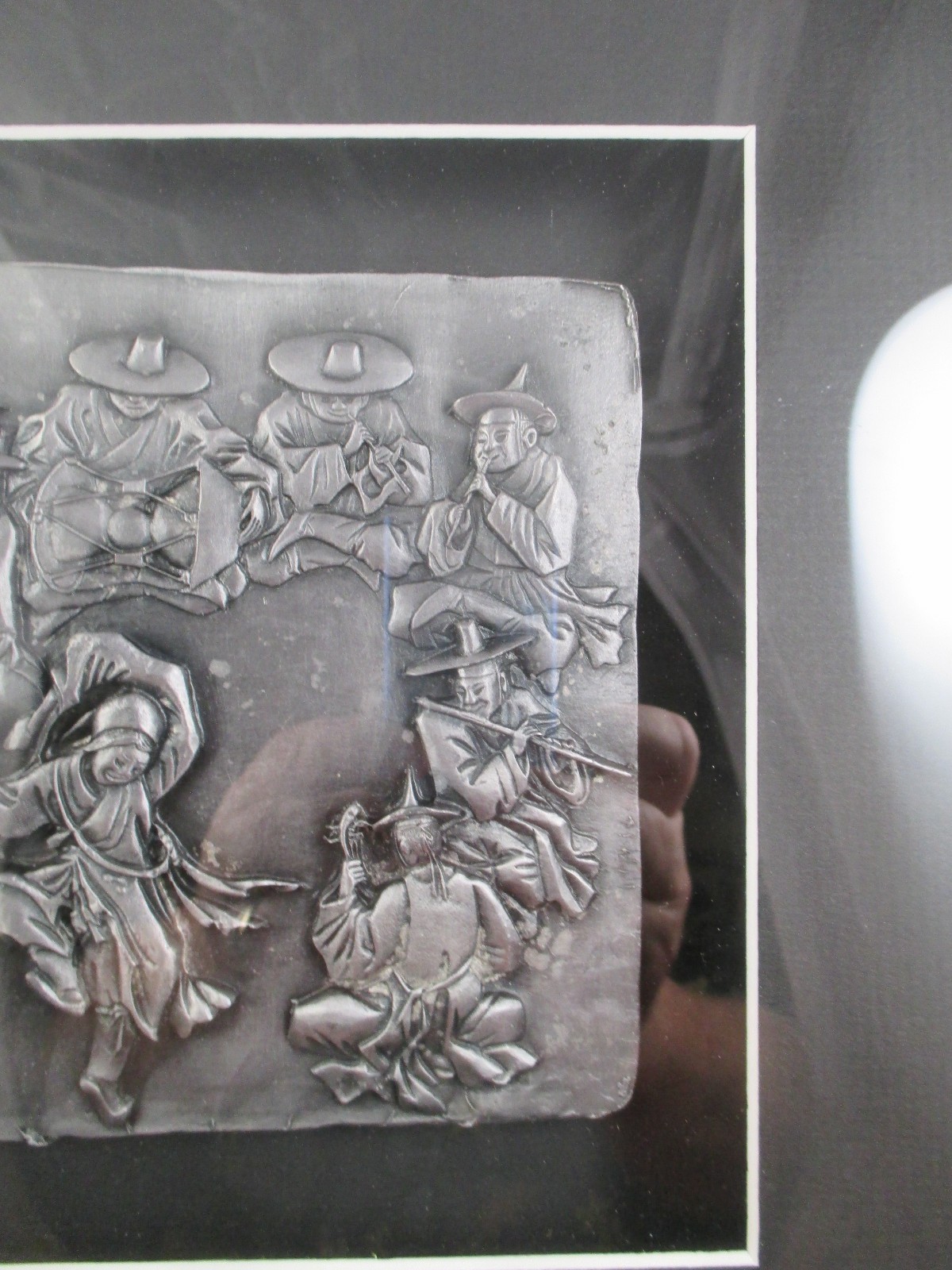Vintage Framed & Matted Korean Embossed Pewter Artwork, 14.5” X 14.5” X 2.25