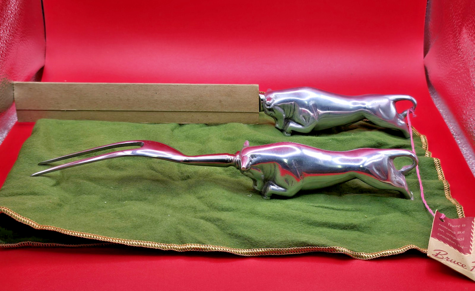 Vintage Hand Wrought by Bruce Fox New Albany-Indiana Bull Carving Set Stainless