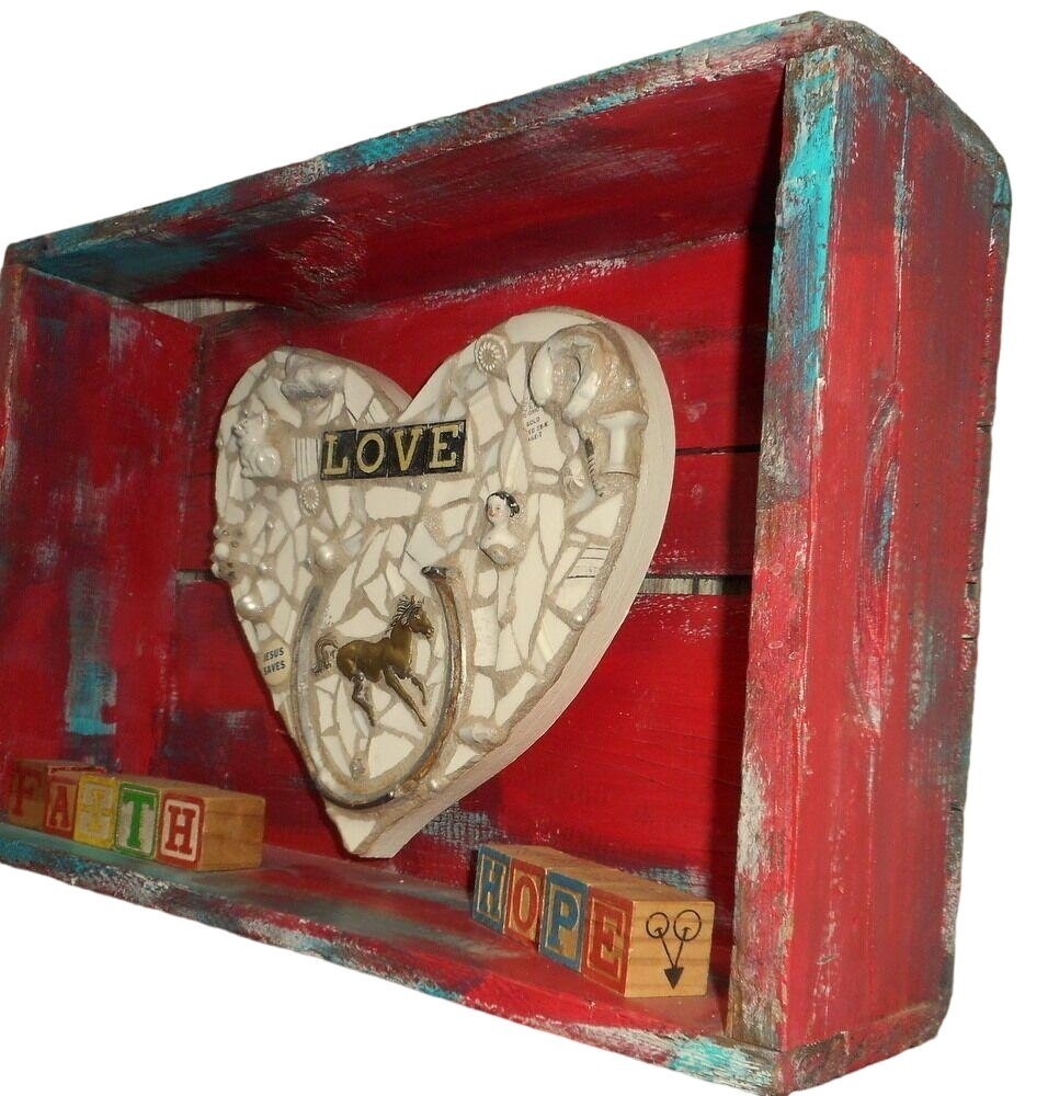 Country Heart Assemblage Wall Art Diorama Red Turquoise Blue Horse Whimsical