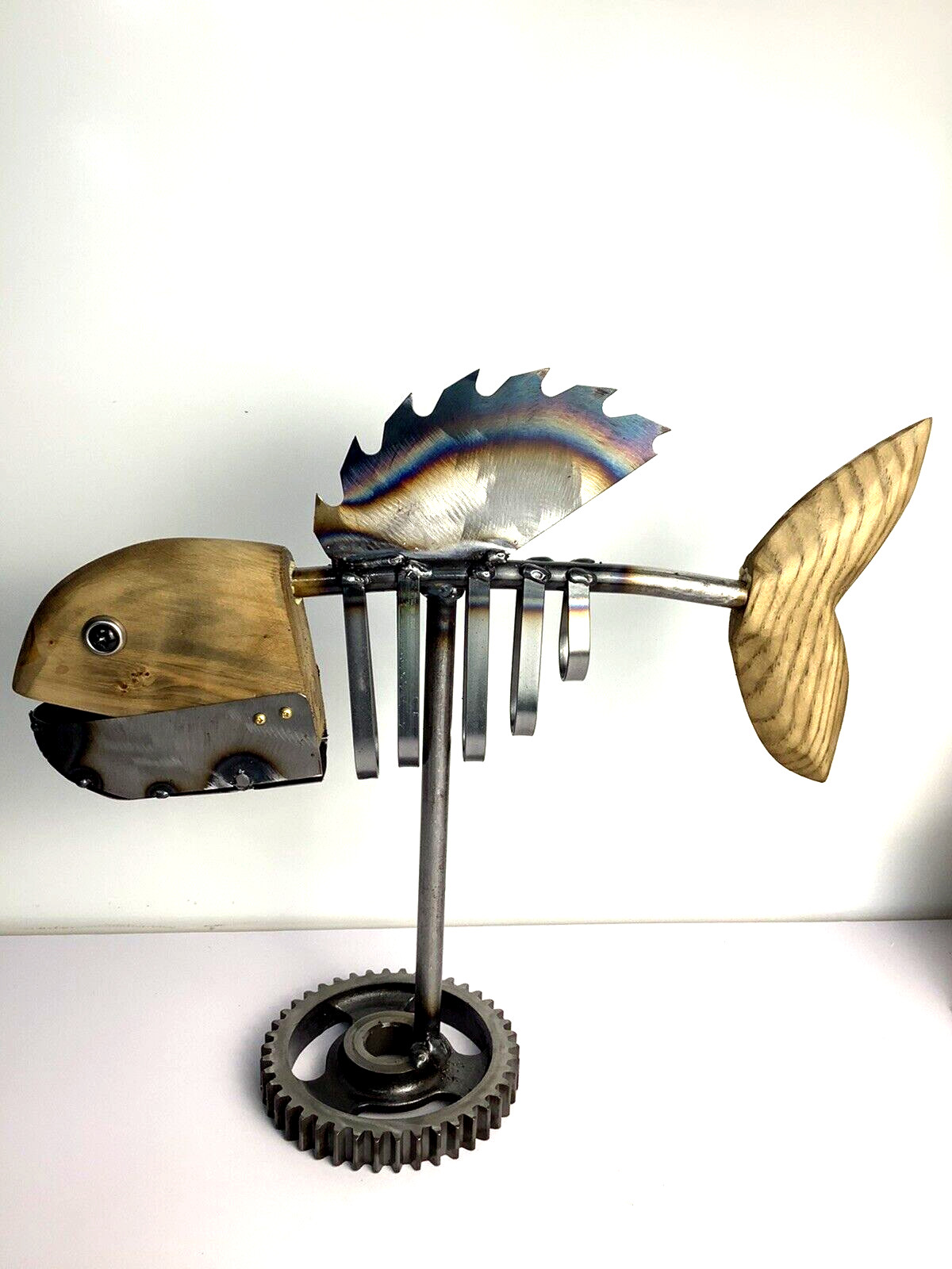 Rare One of a Kind Metal Art Fish With Wooden Head And Tail Handmade 14&Prime; x 14&Prime;