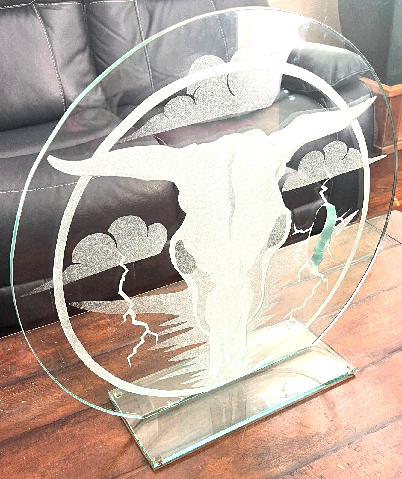 Large Cow Steer Skull Art Glass 24&Prime; Wide Etched Free Standing