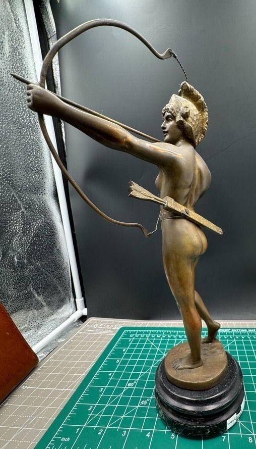 Vintage Bronze Sculpture Diana Huntress Spiro Schwatenberg Signed Figural Bow