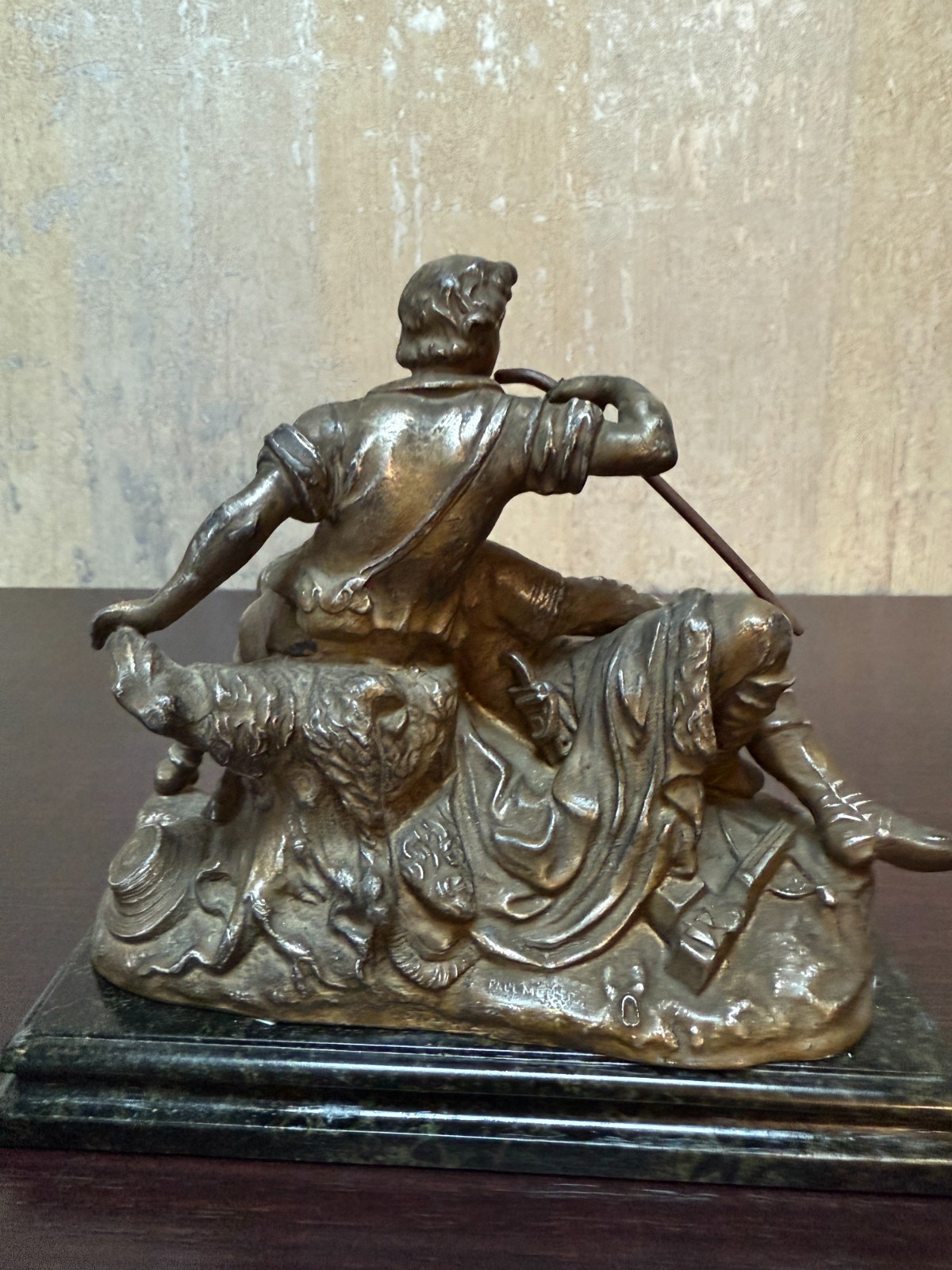 P.Müller Signed Figurative Group – Shepherd Aiding Elder Bronze on Marble c.1900