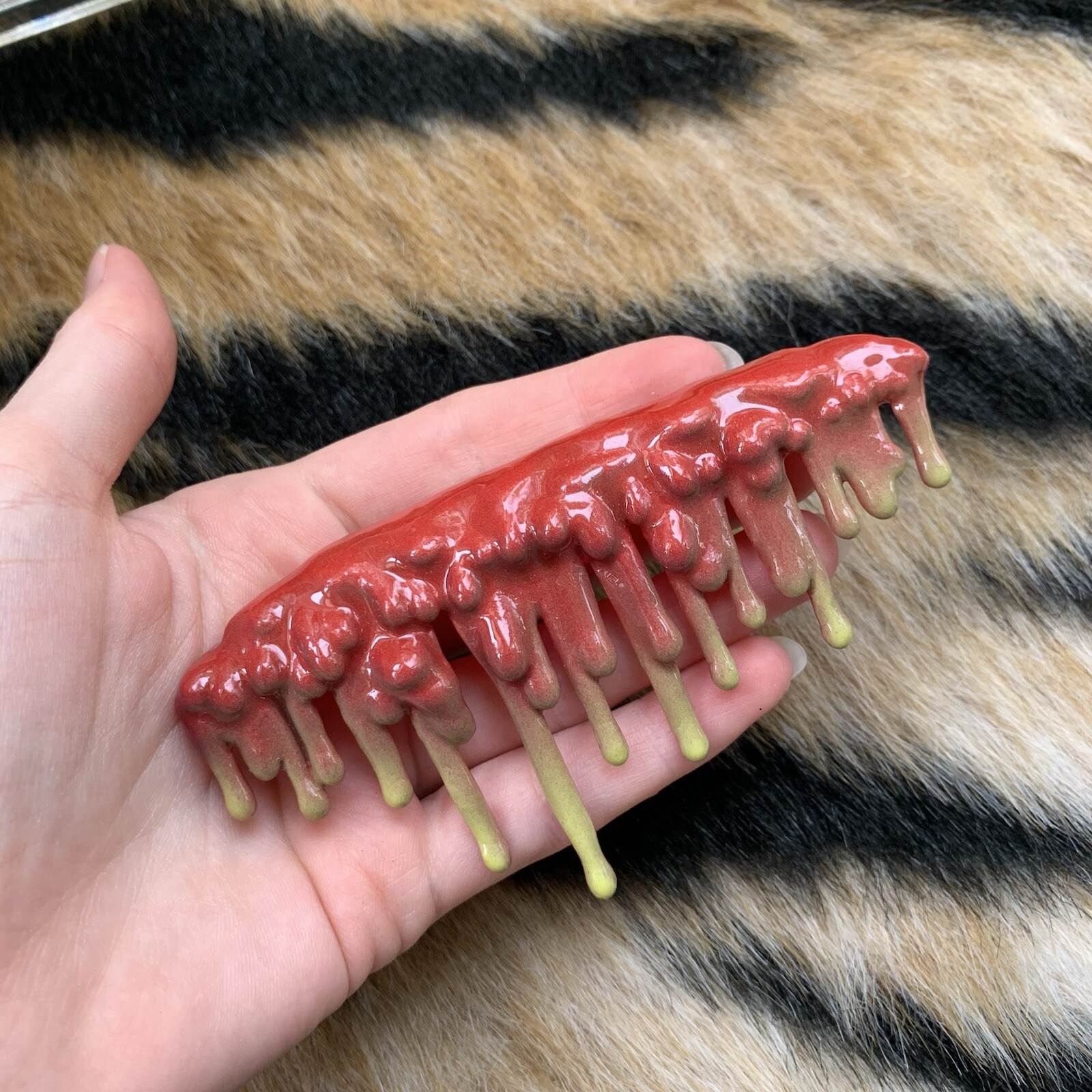 One of a Kind Handmade Red and Yellow Ombre Drip Art Shelf Drips Sculpture 4”