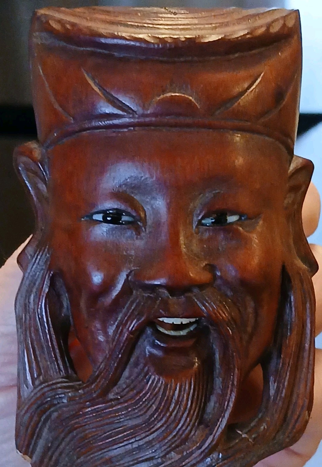 Vintage Hand-Carved Asian Mask Rosewood Glass Eyes Bone Teeth Chinese 3.75&Prime;H2.5W