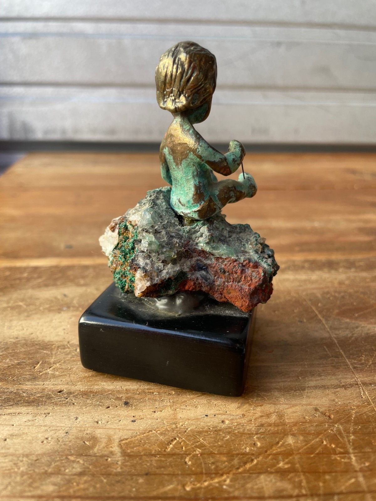 Vintage Malcolm Moran Bronze Sculpture Child Sitting On Geode Modernist 3.75&Prime;