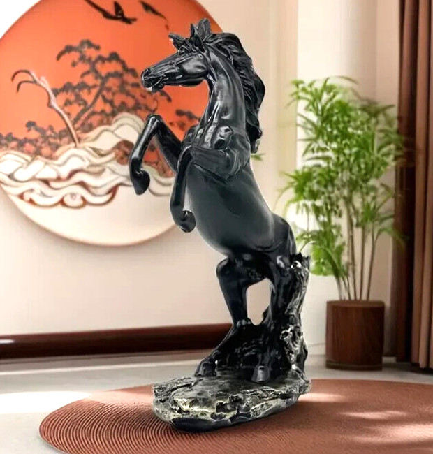 NEW Black Standing Horse w Bronze Color Base. Resin Figurine Statue 12hx8w x4d