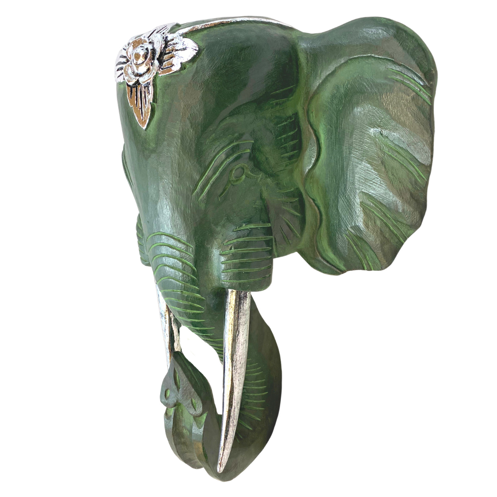 Elephant Ganesh Mask wall art Hand Carved wood Balinese sculpture Decor Green