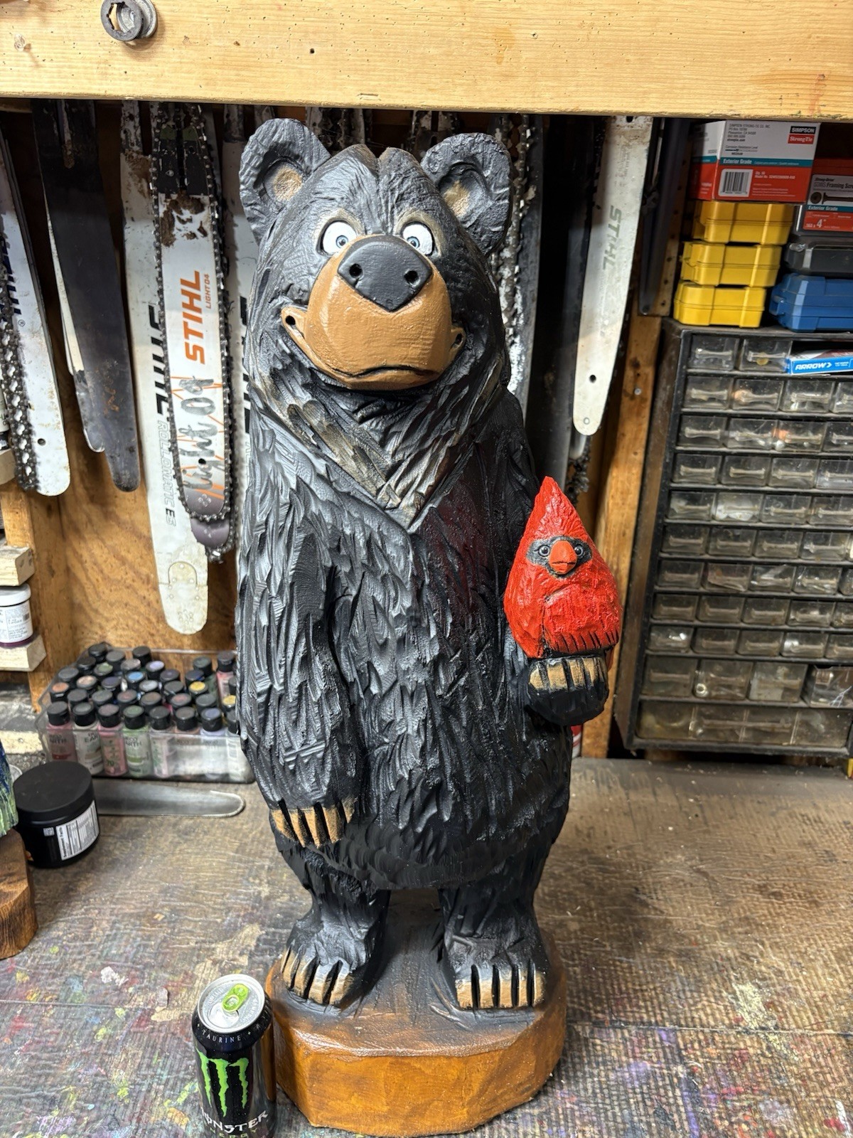 Whimsical BLACK BEAR holding RED CARDINAL Chainsaw Carving BEAR Statue 32&Prime; Tall