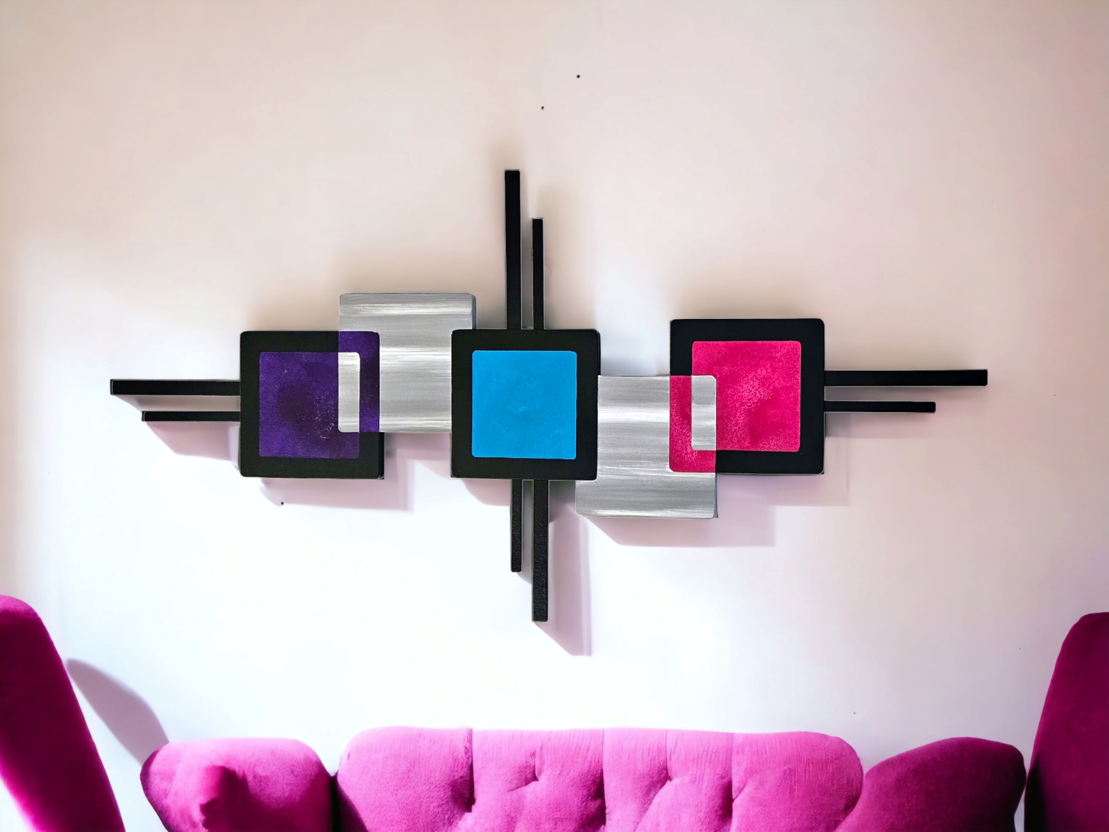 Colorful Square Wood wall art w/metal, Purple, grey, turquoise, pink art 40×21