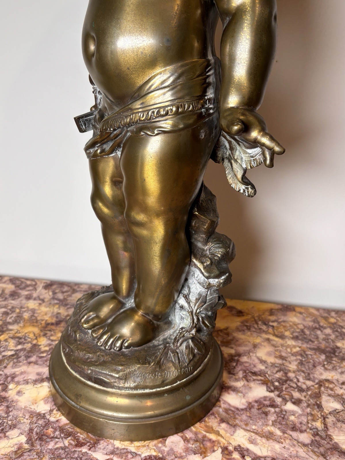 Antique Auguste Moreau 22&Prime; Bronze Cherub Putto Statue French Art Nouveau